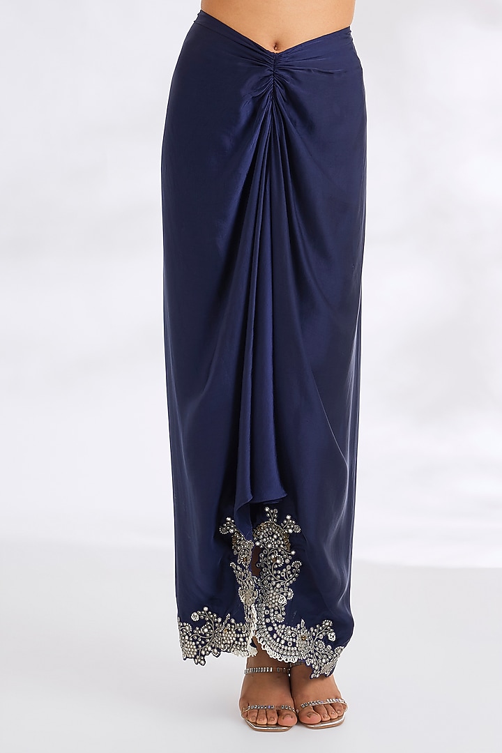 Navy Blue Satin Hand Embroidered Pick-Up Skirt Set by Nupur Kanoi at Pernia's Pop Up Shop