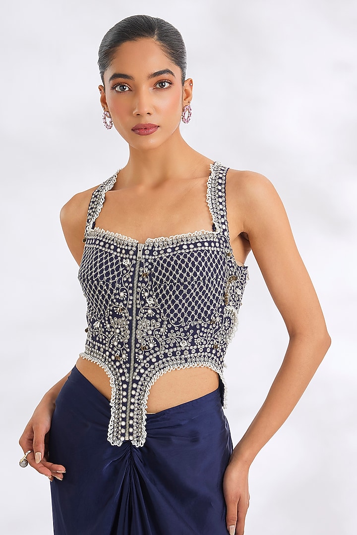 Navy Blue Satin Hand Embroidered Pick-Up Skirt Set by Nupur Kanoi at Pernia's Pop Up Shop