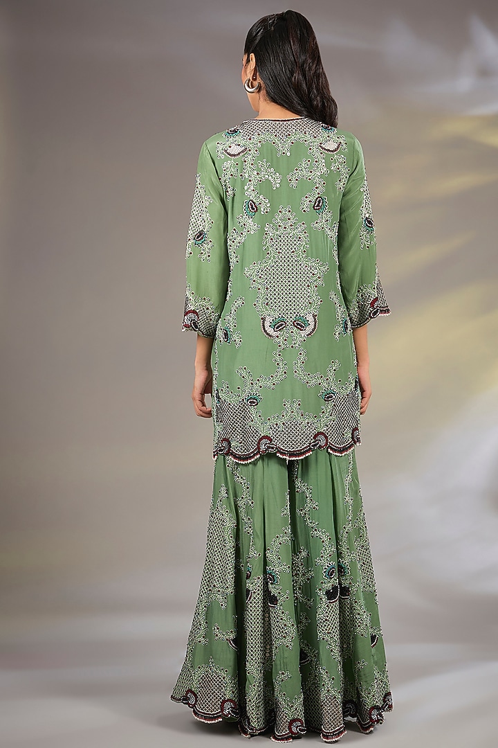 Mint Green Crepe Hand Embroidered Gharara Set by Nupur Kanoi at Pernia's Pop Up Shop