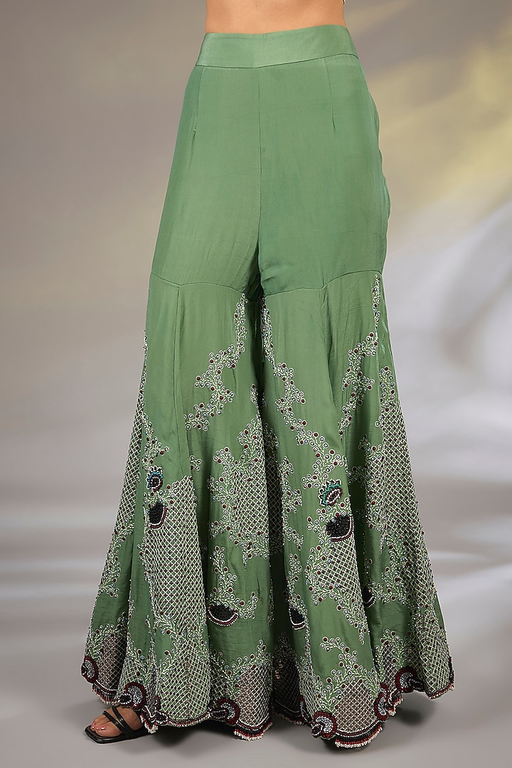 Mint Green Crepe Hand Embroidered Gharara Set by Nupur Kanoi at Pernia's Pop Up Shop