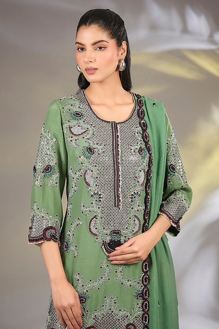 Mint Green Crepe Hand Embroidered Gharara Set by Nupur Kanoi at Pernia's Pop Up Shop