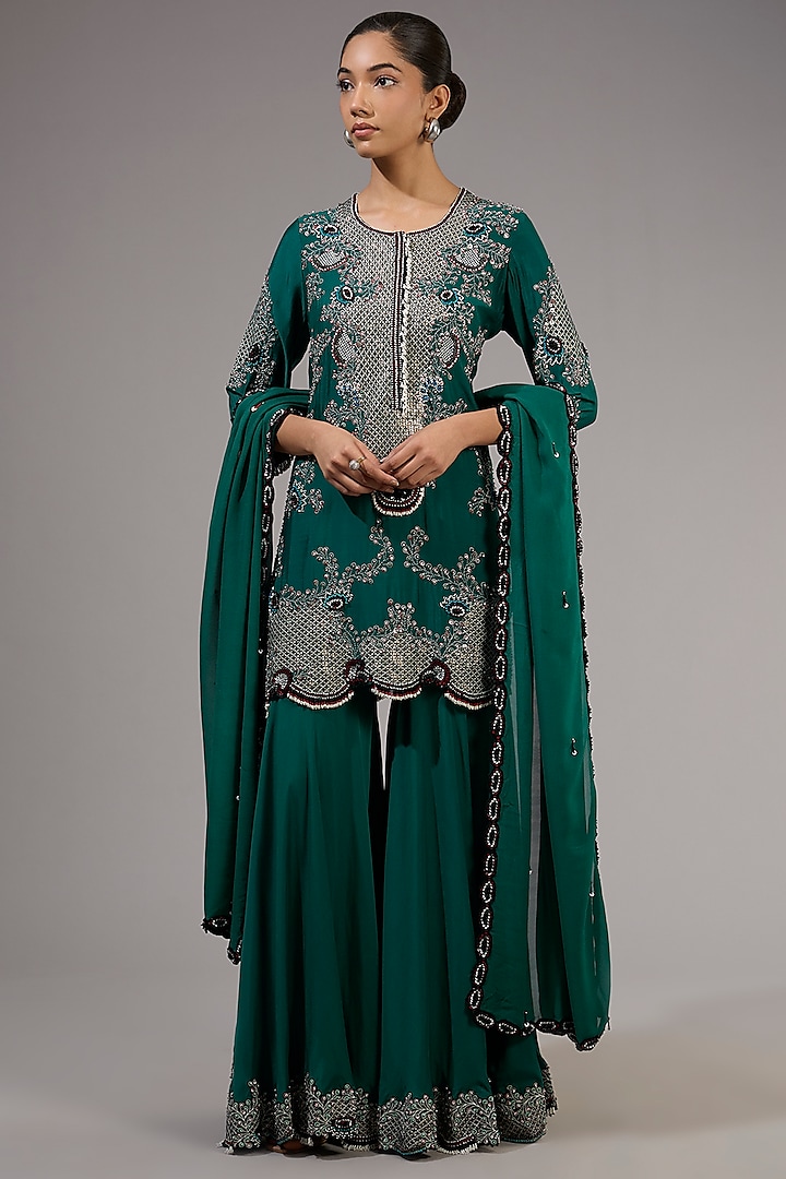 Teal Crepe Hand Embroidered Gharara Set by Nupur Kanoi at Pernia's Pop Up Shop