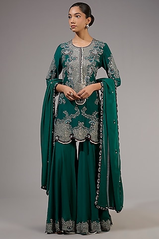 Teal Crepe Hand Embroidered Gharara Set by Nupur Kanoi