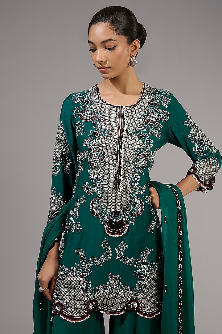 Teal Crepe Hand Embroidered Gharara Set by Nupur Kanoi at Pernia's Pop Up Shop