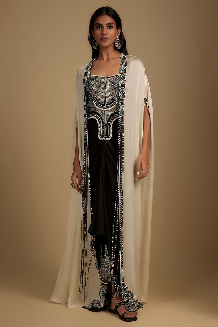 Black Satin Sequin Hand Embroidered Skirt Set by Nupur Kanoi at Pernia's Pop Up Shop