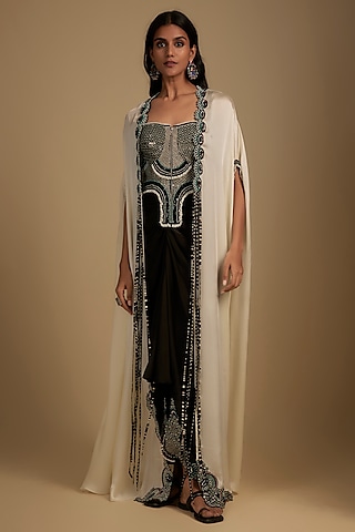 Black Satin Sequin Hand Embroidered Skirt Set by Nupur Kanoi