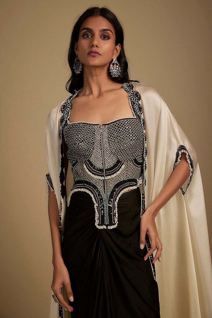 Black Satin Sequin Hand Embroidered Skirt Set by Nupur Kanoi at Pernia's Pop Up Shop