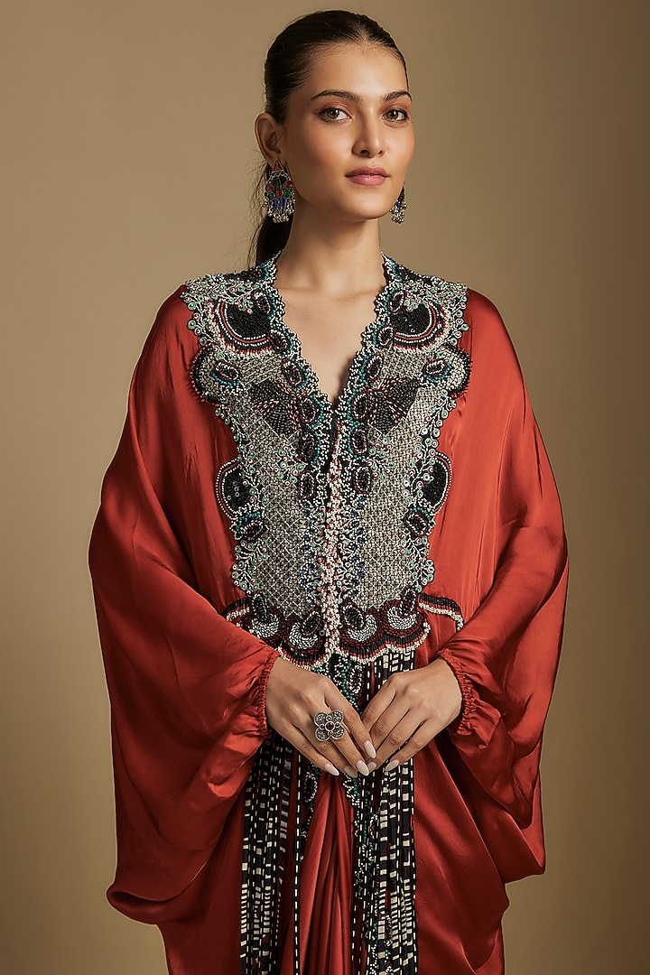Orange Satin Hand Embroidered Skirt Set by Nupur Kanoi at Pernia's Pop Up Shop
