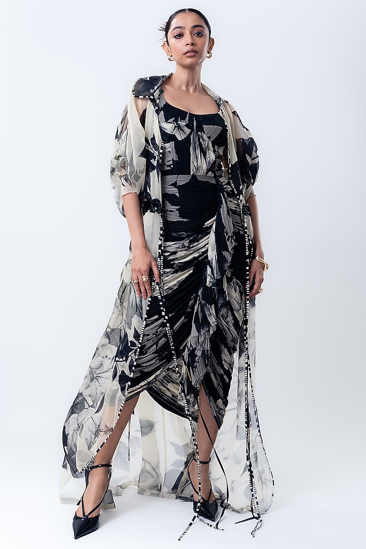 Black Chiffon & Organza Printed Jacket Party Wear Dress by Nupur Kanoi at Pernia's Pop Up Shop