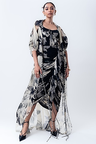 Black Chiffon & Organza Printed Jacket Dress by Nupur Kanoi