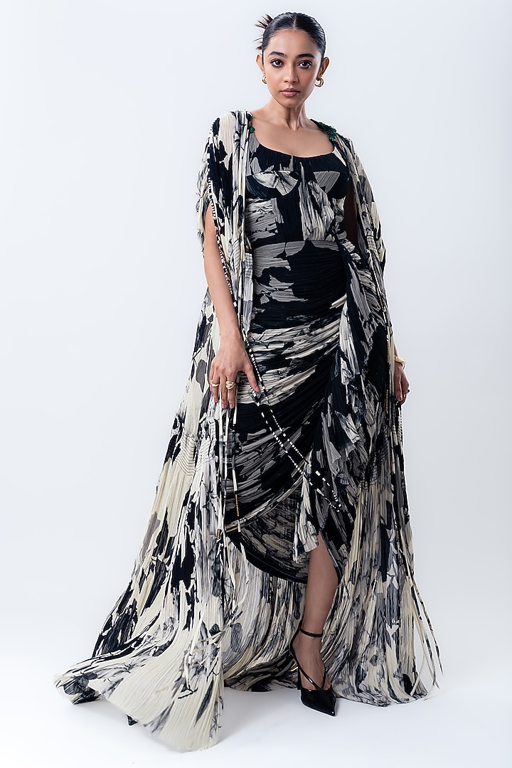 Black Chiffon & Organza Printed Jacket Party Wear Dress by Nupur Kanoi at Pernia's Pop Up Shop