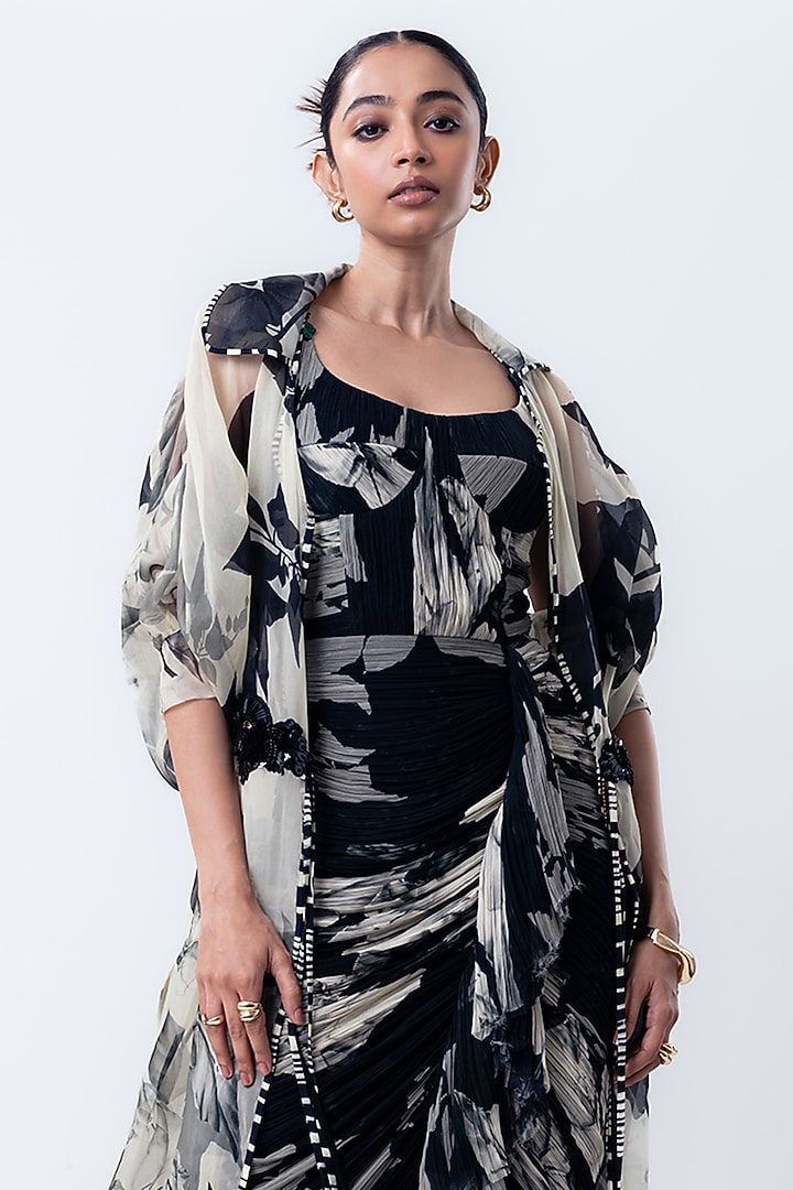 Black Chiffon & Organza Printed Jacket Party Wear Dress by Nupur Kanoi at Pernia's Pop Up Shop