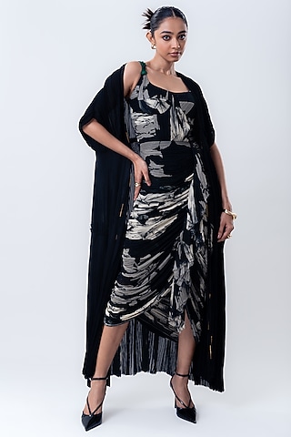 Black Chiffon & Lycra Printed Jacket Dress by Nupur Kanoi