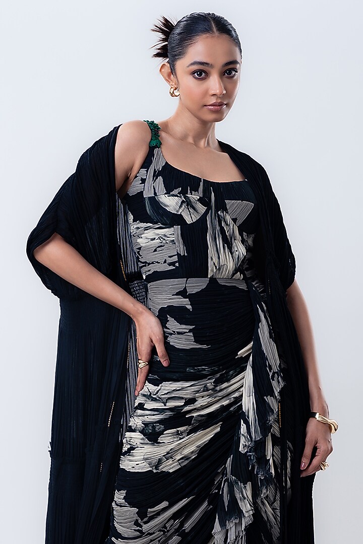 Black Chiffon & Lycra Printed Jacket Party Wear Dress by Nupur Kanoi at Pernia's Pop Up Shop