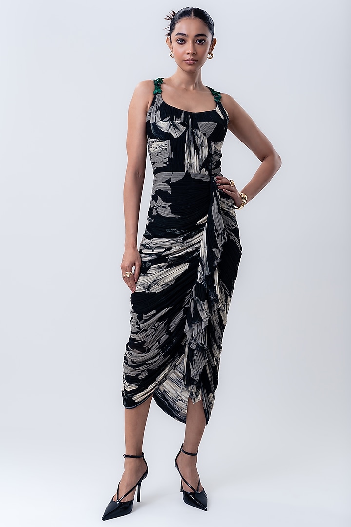 Black Chiffon & Lycra Printed Gathered Cocktail Dress by Nupur Kanoi at Pernia's Pop Up Shop