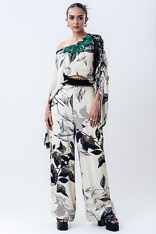 Off-White Crepe Printed A-Line Pant Set by Nupur Kanoi