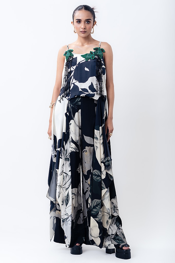 Black Satin & Crepe Printed A-Line Pant Set by Nupur Kanoi at Pernia's Pop Up Shop
