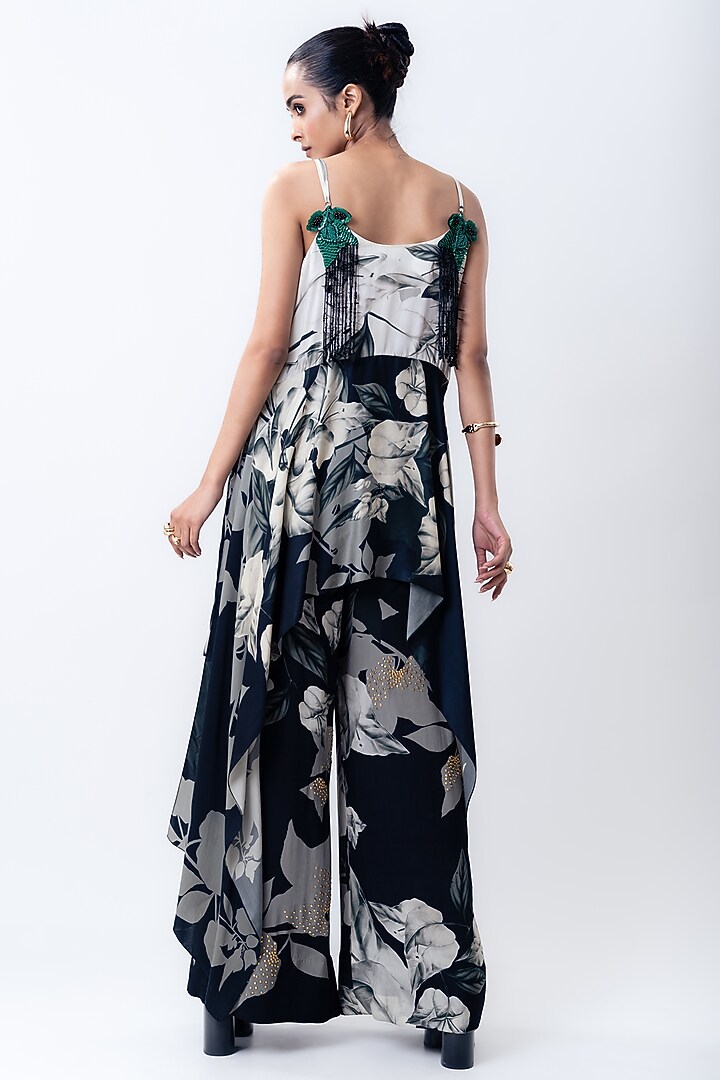 Black Satin & Crepe Printed A-Line Pant Set by Nupur Kanoi at Pernia's Pop Up Shop