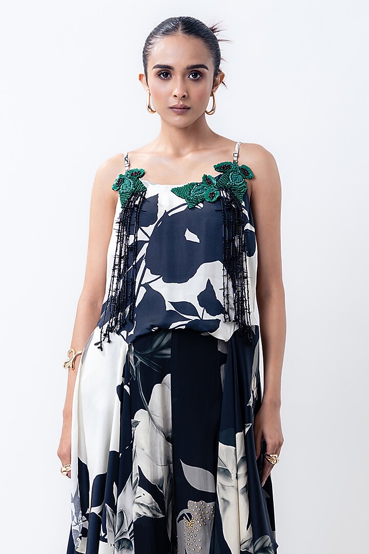 Black Satin & Crepe Printed A-Line Pant Set by Nupur Kanoi at Pernia's Pop Up Shop
