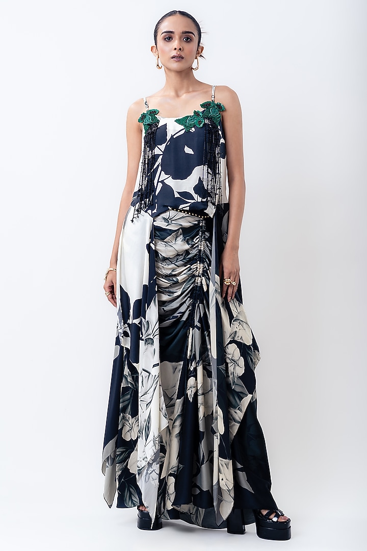 Black Satin Printed Skirt Set by Nupur Kanoi at Pernia's Pop Up Shop