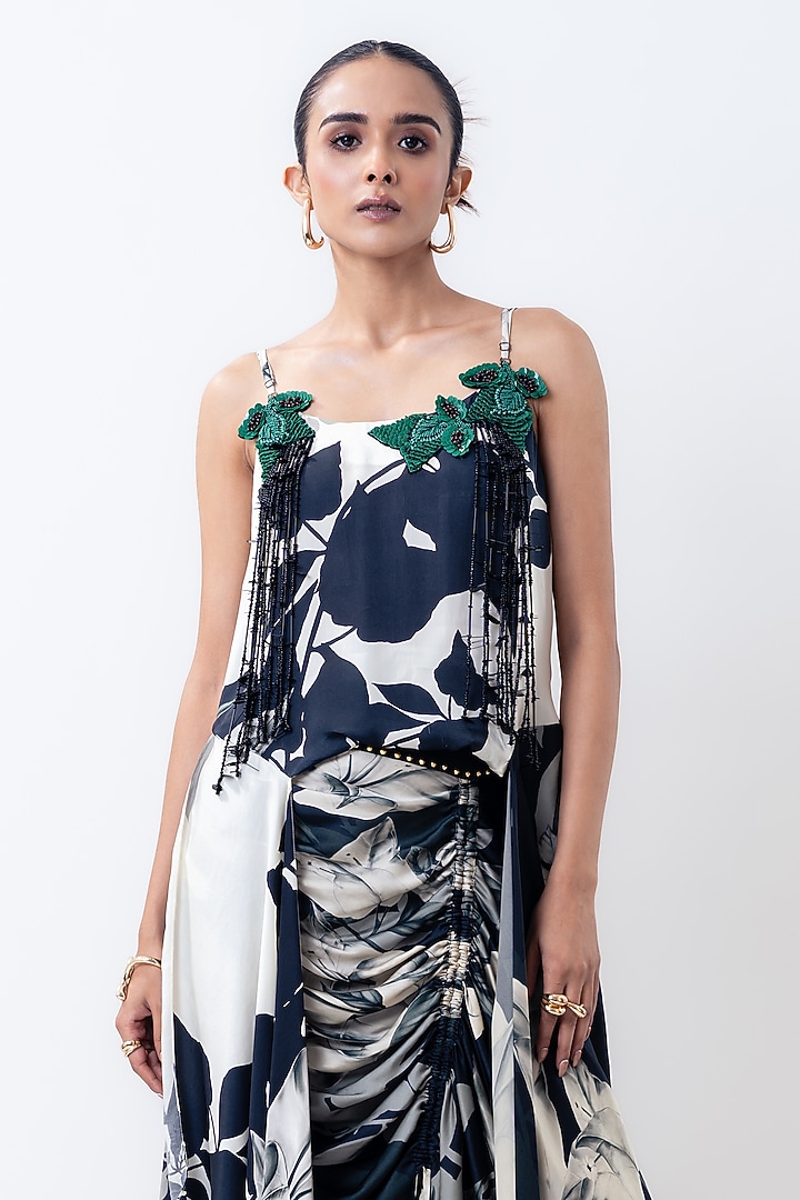 Black Satin Printed Skirt Set by Nupur Kanoi at Pernia's Pop Up Shop