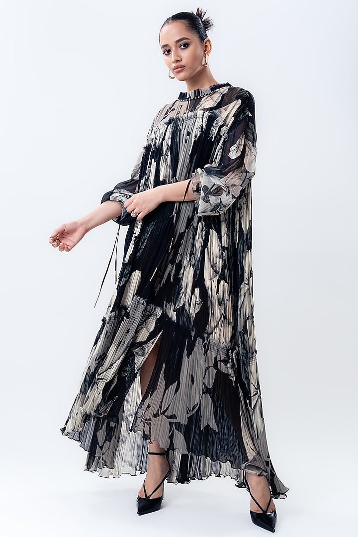 Black Chiffon Printed Maxi Cocktail Dress by Nupur Kanoi at Pernia's Pop Up Shop