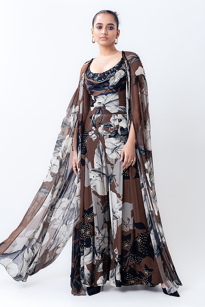Brown Chiffon & Crepe Printed Jumpsuit by Nupur Kanoi at Pernia's Pop Up Shop
