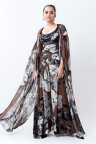 Brown Chiffon & Crepe Printed Jumpsuit by Nupur Kanoi