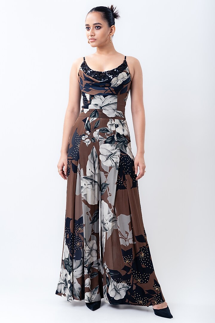 Brown Chiffon & Crepe Printed Jumpsuit by Nupur Kanoi at Pernia's Pop Up Shop