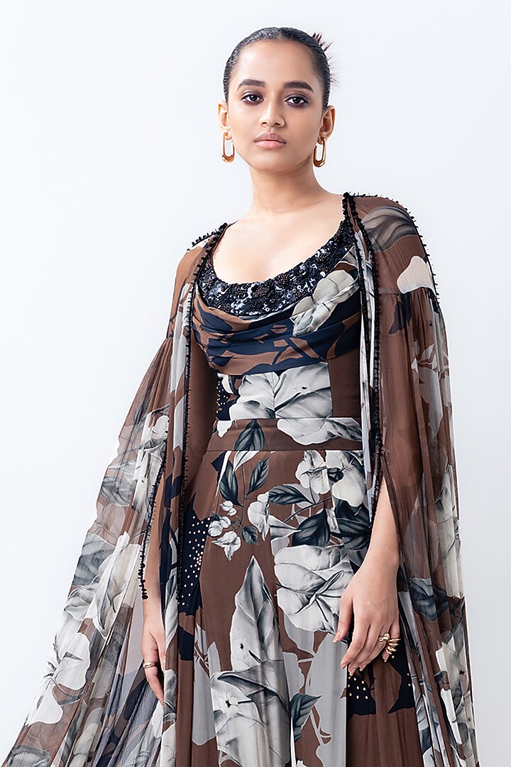 Brown Chiffon & Crepe Printed Jumpsuit by Nupur Kanoi at Pernia's Pop Up Shop
