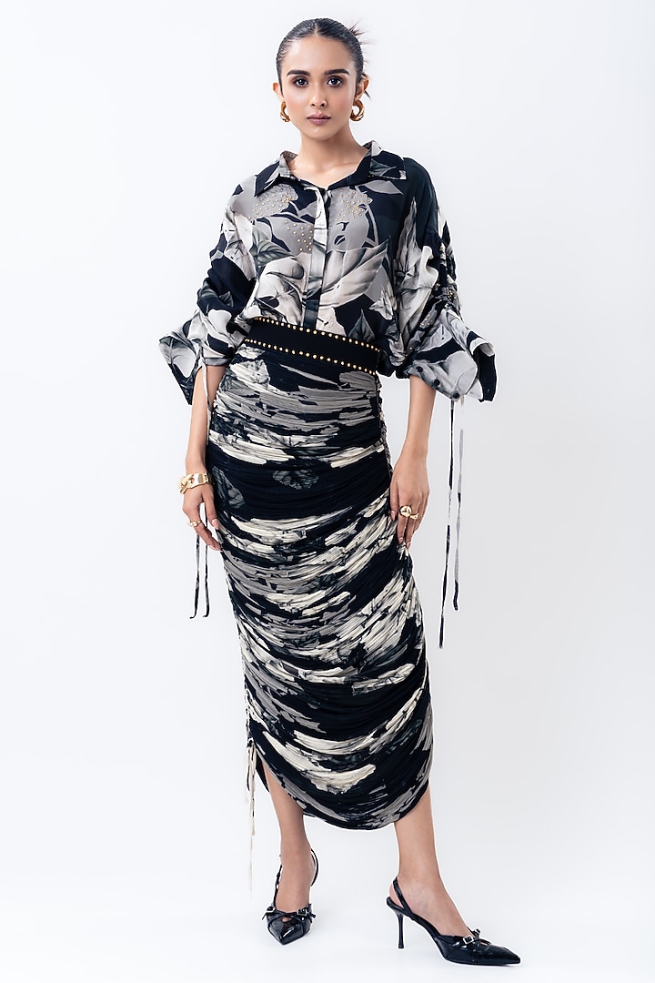 Black Crepe & Chiffon Printed Skirt Set by Nupur Kanoi at Pernia's Pop Up Shop