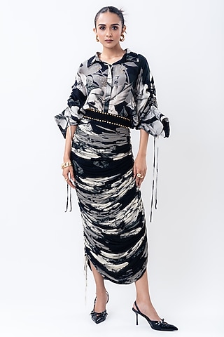 Black Crepe & Chiffon Printed Skirt Set by Nupur Kanoi