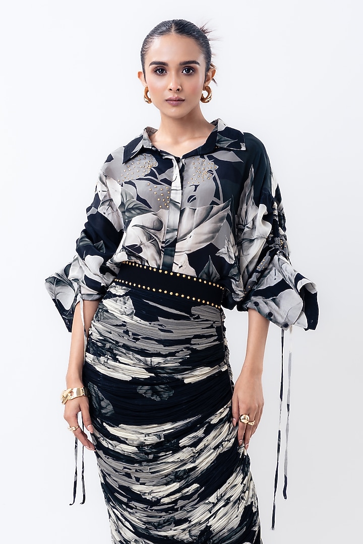 Black Crepe & Chiffon Printed Skirt Set by Nupur Kanoi at Pernia's Pop Up Shop