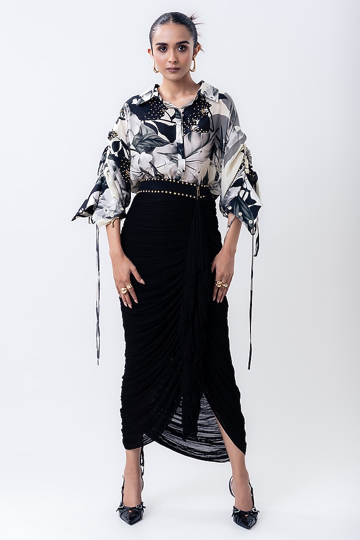 Black Crepe & Chiffon Frilled Skirt Set by Nupur Kanoi at Pernia's Pop Up Shop