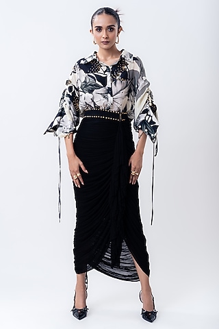 Black Crepe & Chiffon Frilled Skirt Set by Nupur Kanoi