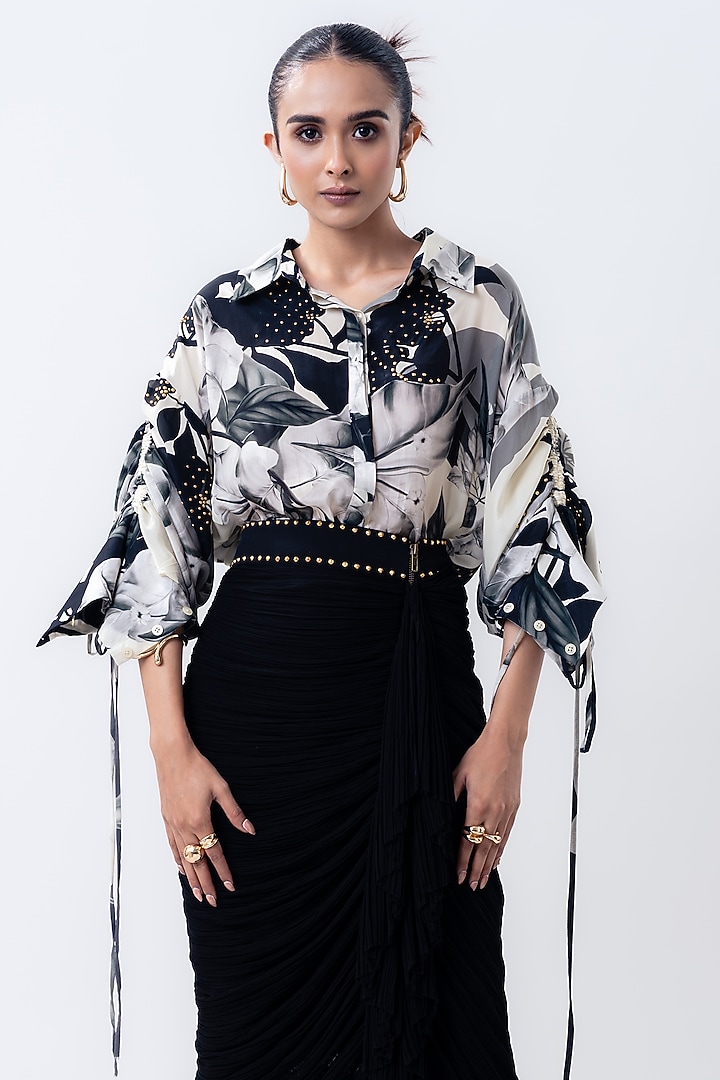 Black Crepe & Chiffon Frilled Skirt Set by Nupur Kanoi at Pernia's Pop Up Shop