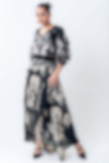 Black Crepe & Satin Printed A-Line Skirt Set by Nupur Kanoi at Pernia's Pop Up Shop