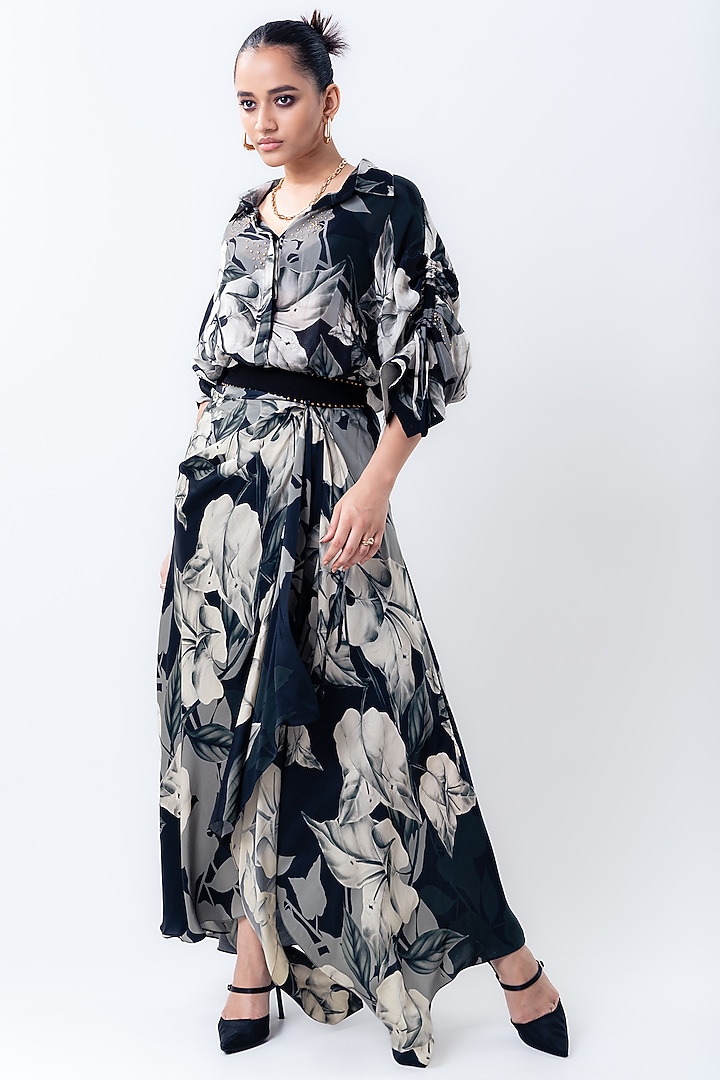 Black Crepe & Satin Printed A-Line Skirt Set by Nupur Kanoi at Pernia's Pop Up Shop
