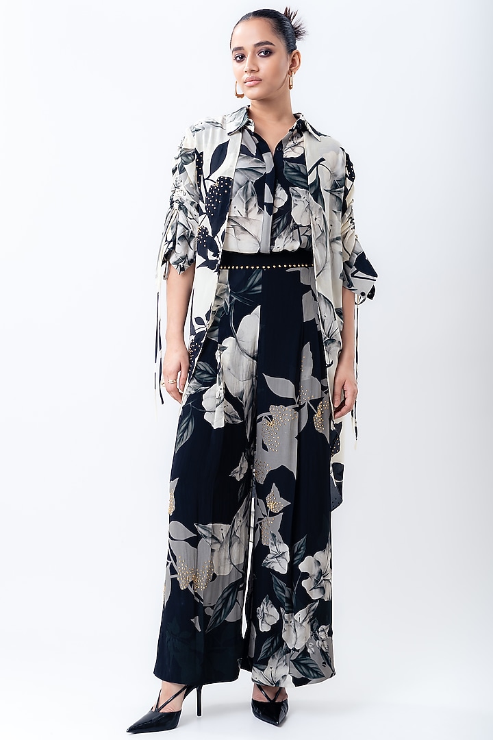 Black Crepe Printed A-Line Pant Set by Nupur Kanoi at Pernia's Pop Up Shop