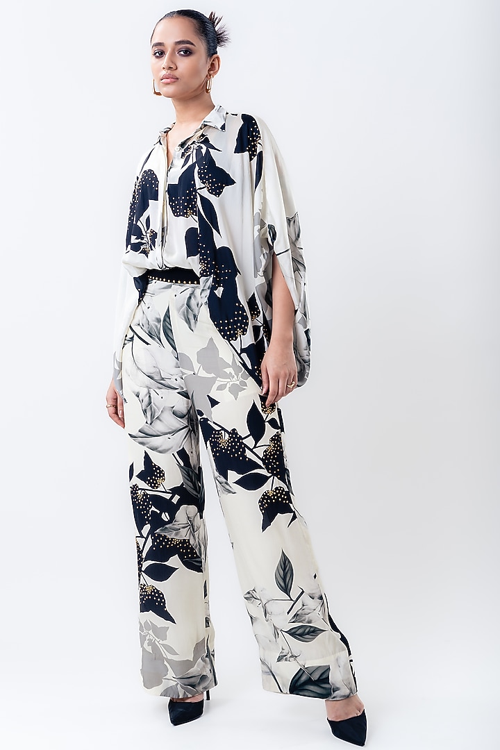 Off-White Satin & Crepe Printed Pant Set by Nupur Kanoi at Pernia's Pop Up Shop