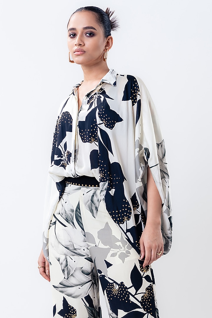 Off-White Satin & Crepe Printed Pant Set by Nupur Kanoi at Pernia's Pop Up Shop