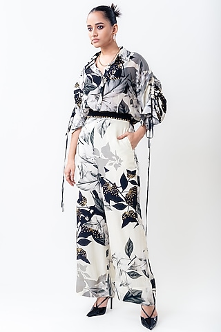 Off-White Crepe Printed A-Line Pant Set by Nupur Kanoi