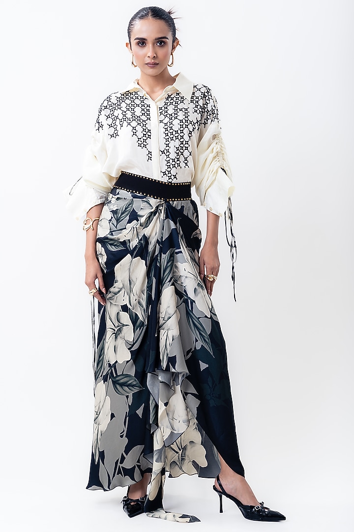 Black Silk & Satin Printed A-Line Skirt Set by Nupur Kanoi at Pernia's Pop Up Shop
