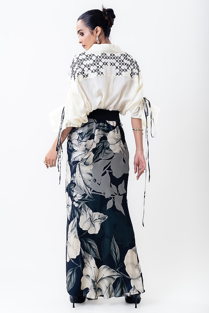 Black Silk & Satin Printed A-Line Skirt Set by Nupur Kanoi at Pernia's Pop Up Shop