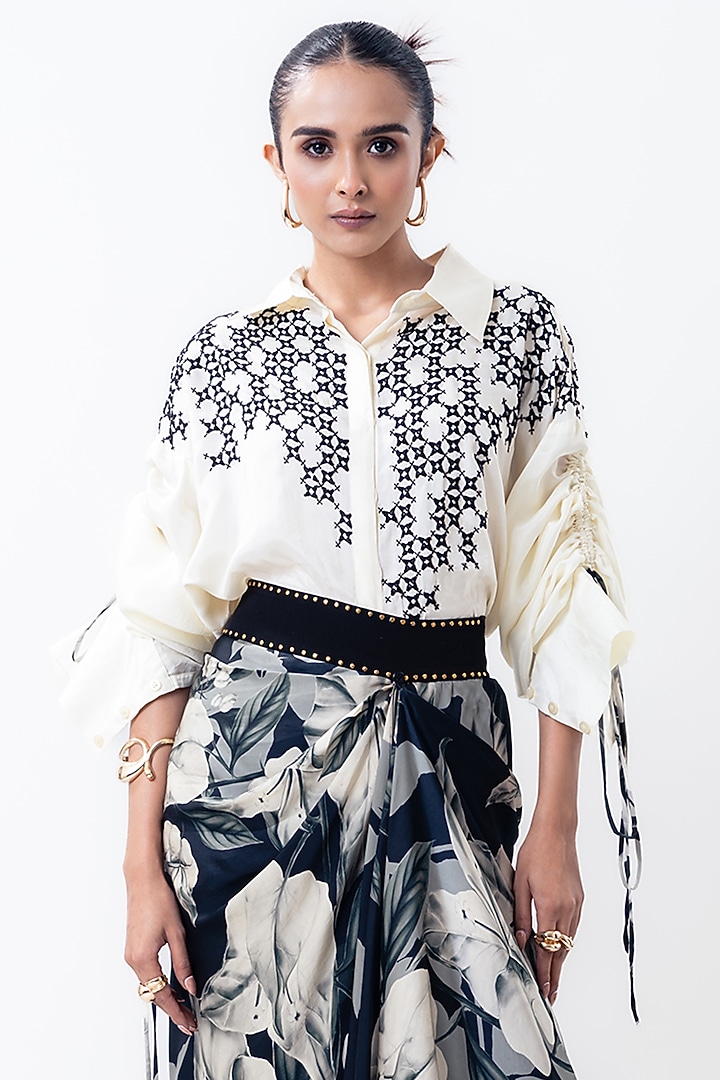 Black Silk & Satin Printed A-Line Skirt Set by Nupur Kanoi at Pernia's Pop Up Shop