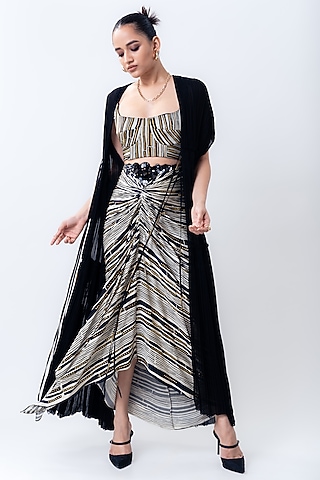 Black Chiffon & Crepe Jacket Set by Nupur Kanoi