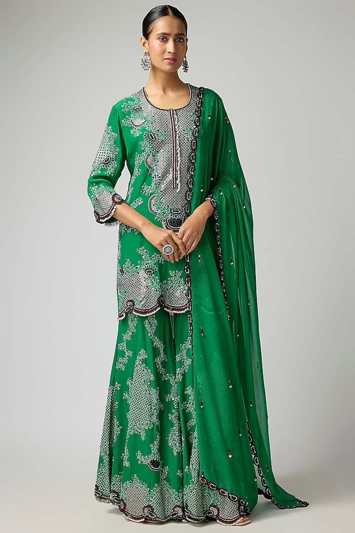 Emerald Green Georgette Hand Embroidered Bridal Sharara Set by Nupur Kanoi at Pernia's Pop Up Shop
