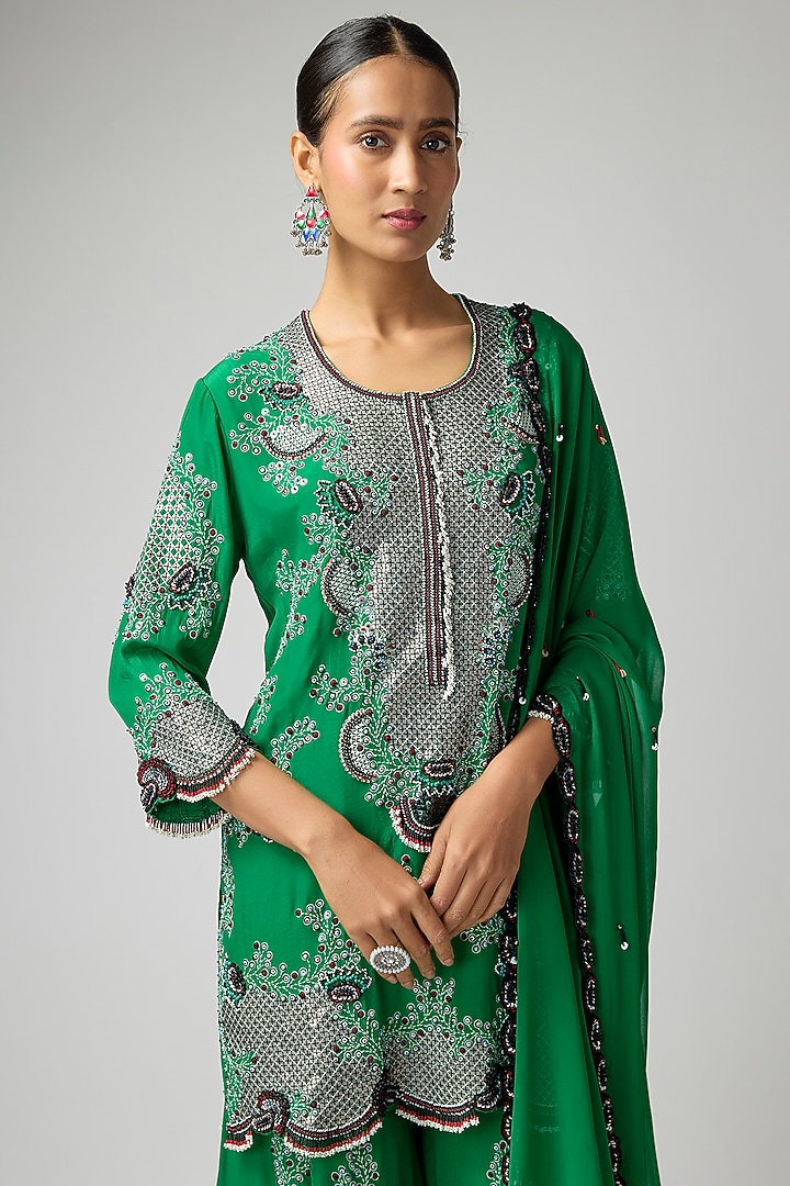 Emerald Green Georgette Hand Embroidered Bridal Sharara Set by Nupur Kanoi at Pernia's Pop Up Shop