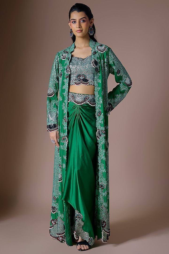 Emerald Green Silk Hand Embroidered Jacket Set by Nupur Kanoi at Pernia's Pop Up Shop