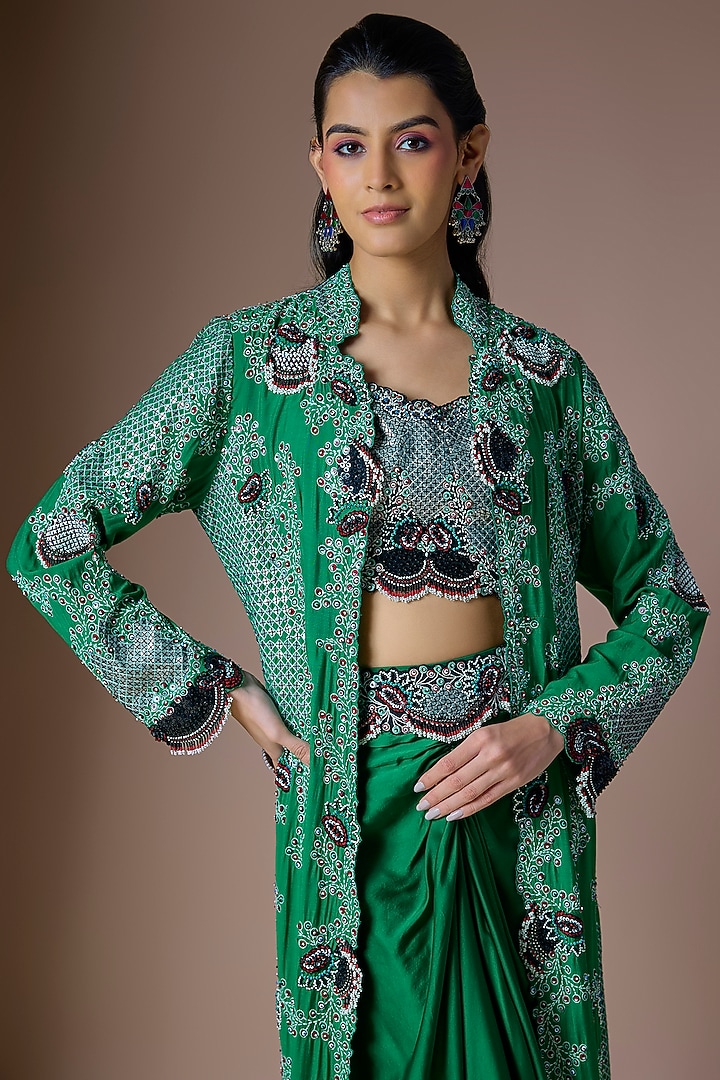 Emerald Green Silk Hand Embroidered Jacket Set by Nupur Kanoi at Pernia's Pop Up Shop